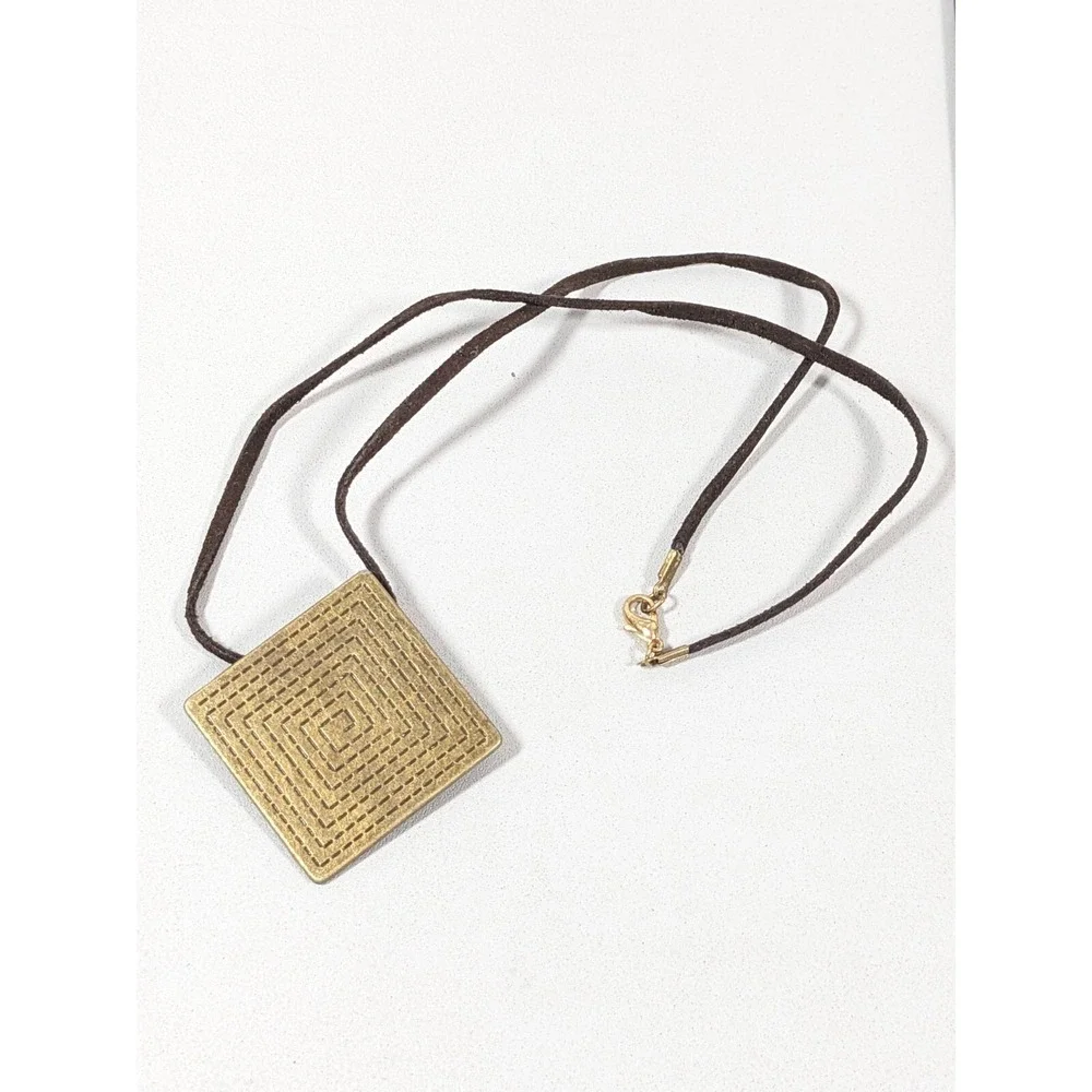 Beachy Tribal Boho Bronze Tone Spiral Square‎ Pendant Cord Necklace 20 inch